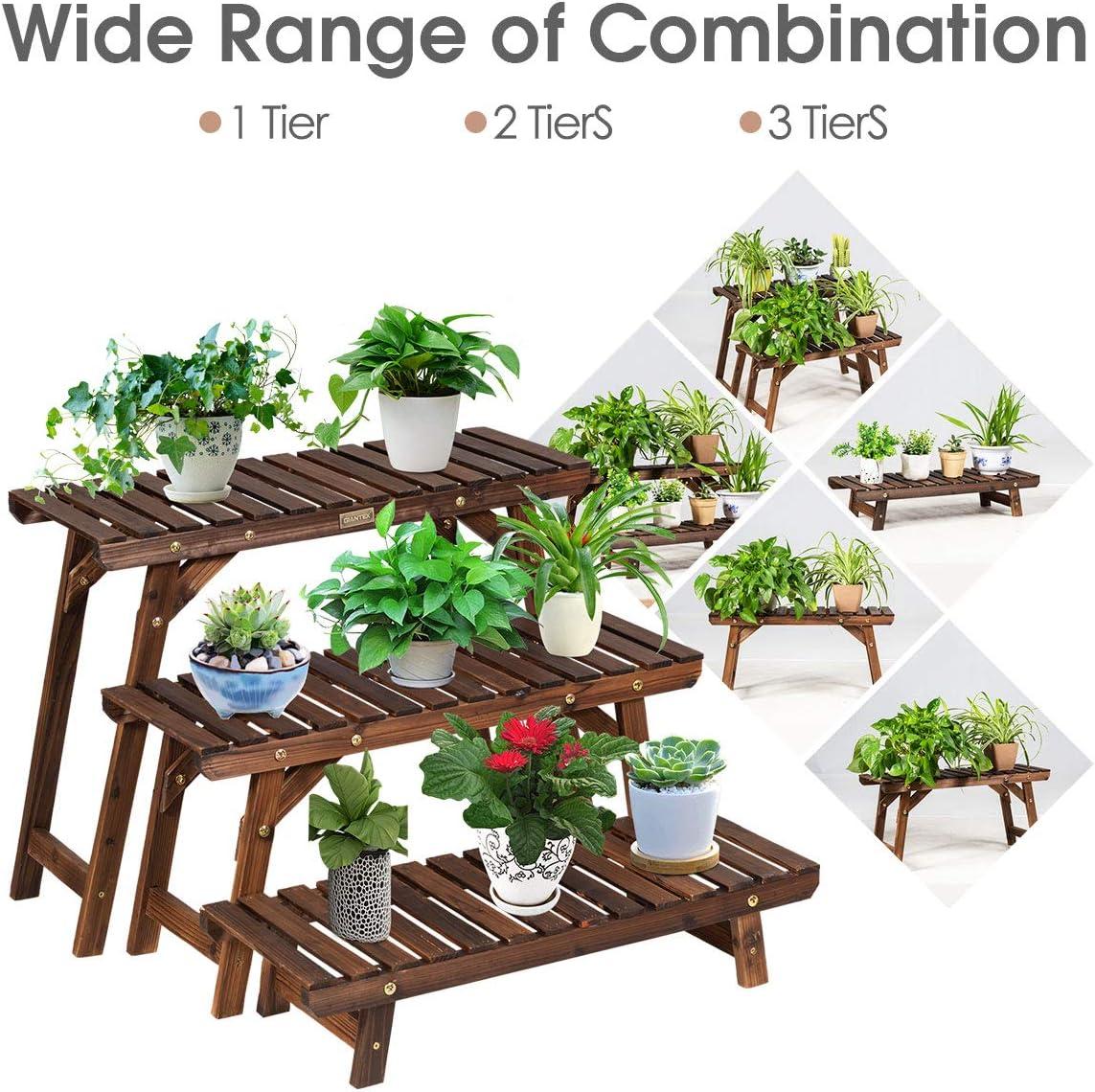 image:imageGiantex Wood Plant Stand Multi Tier Flower Pot Holder Display Shelf for Home Balcony Patio Garden Flower Shop Outdoor Indoor Ladder Flower Pot Organizer Display Rack 3 Tiers Step Plant Stand