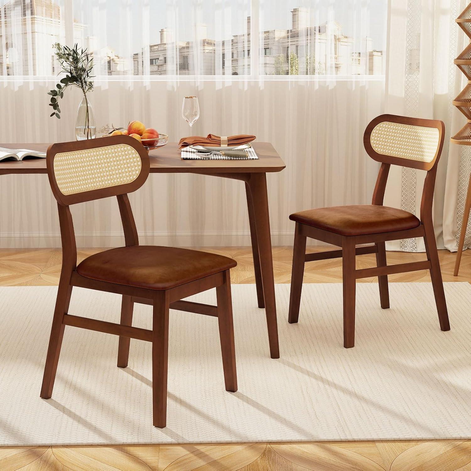 image:imageGiantex Wooden Dining Chairs Set of 2 PU Leather Upholstered Kitchen Chairs wBreathable Mesh Cane Backrest Rubber Wood Frame Padded Seat Farmhouse Armless Side Chairs for Dining Room Coffee