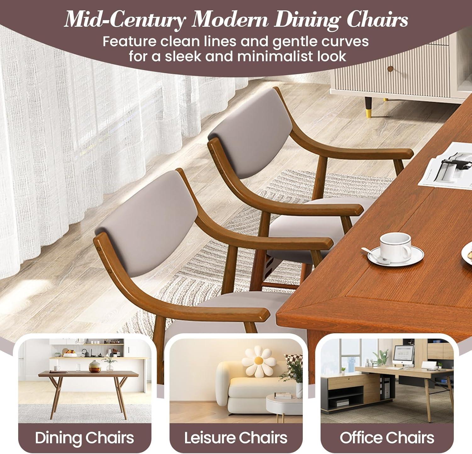 image:imageGiantex Wooden Dining Chairs Set of 2 PU Leather Upholstered Kitchen Chairs wPadded Seat amp Back Rubber Wood Frame Comfy Modern Armchairs MidCentury Side Chairs for Home Living RoomWalnutbrown