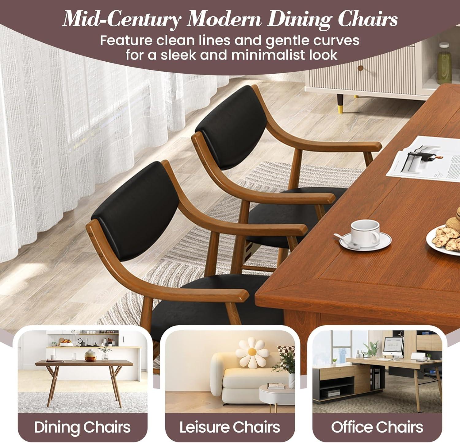 image:imageGiantex Wooden Dining Chairs Set of 2 PU Leather Upholstered Kitchen Chairs wPadded Seat amp Back Rubber Wood Frame Comfy Modern Armchairs MidCentury Side Chairs for Home Living RoomWalnutblack