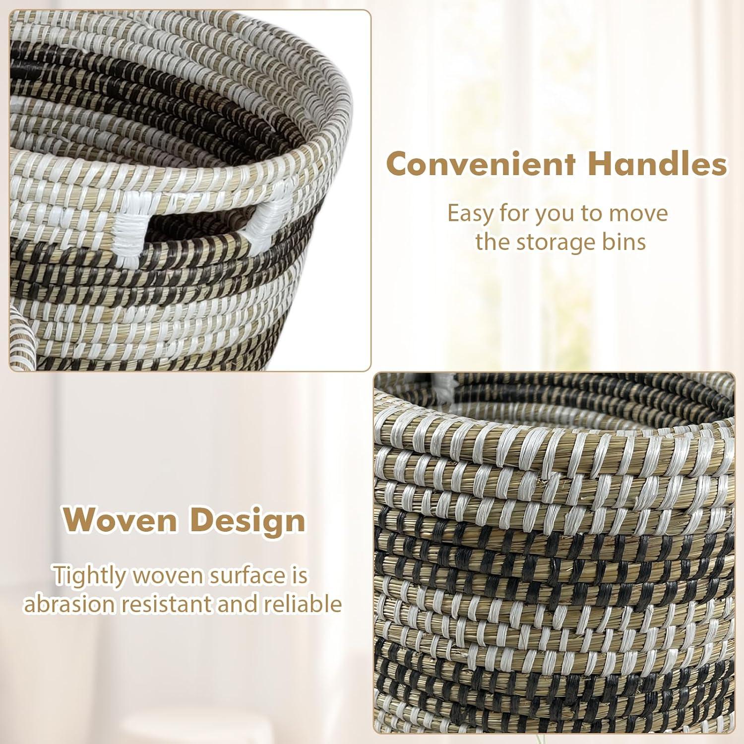 image:imageGiantex Woven Laundry Basket 242016 Set of 3 Stackable Storage Baskets with Handles Large Oval Kans Grass Woven Baskets Laundry Hamper for Throw Blanket Clothes Living Room Bedroom