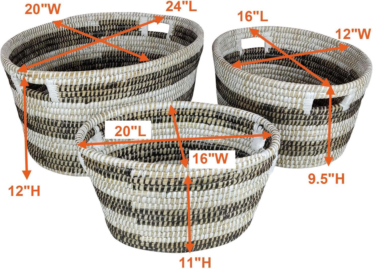 image:imageGiantex Woven Laundry Basket 242016 Set of 3 Stackable Storage Baskets with Handles Large Oval Kans Grass Woven Baskets Laundry Hamper for Throw Blanket Clothes Living Room Bedroom