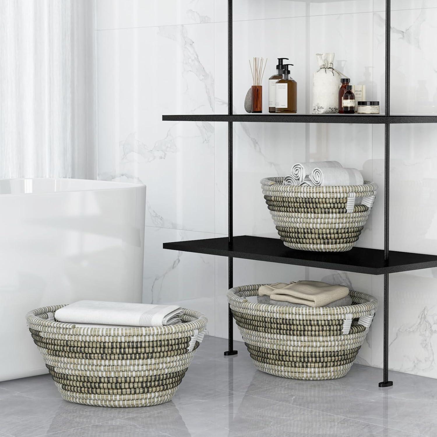 image:imageGiantex Woven Laundry Basket 242016 Set of 3 Stackable Storage Baskets with Handles Large Oval Kans Grass Woven Baskets Laundry Hamper for Throw Blanket Clothes Living Room Bedroom