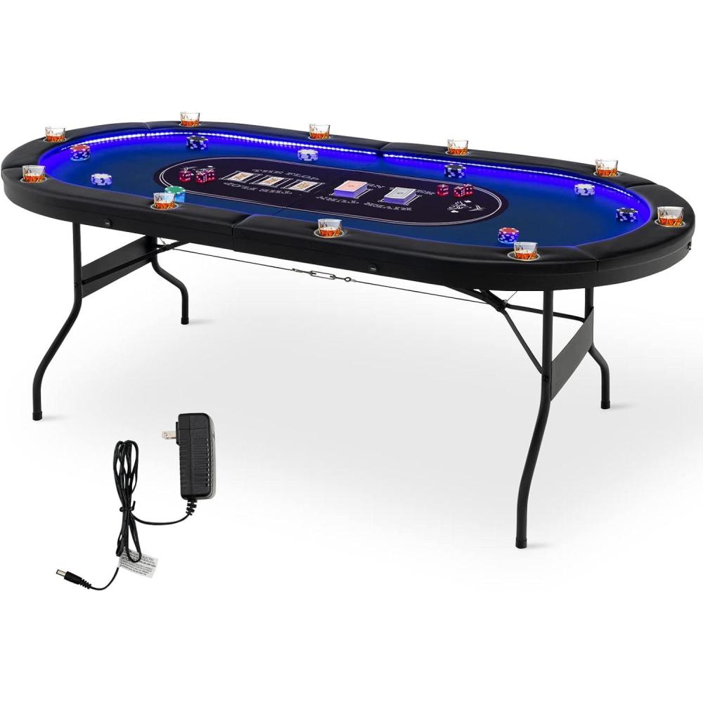 image:imageGiantex 10 Players Poker Table with Cup Holder Folding Casino Leisure Table with 4 USB Ports Extra Lights Easy to Assemble Foldable Game Poker Tables for Texas Card Games BlueBlue