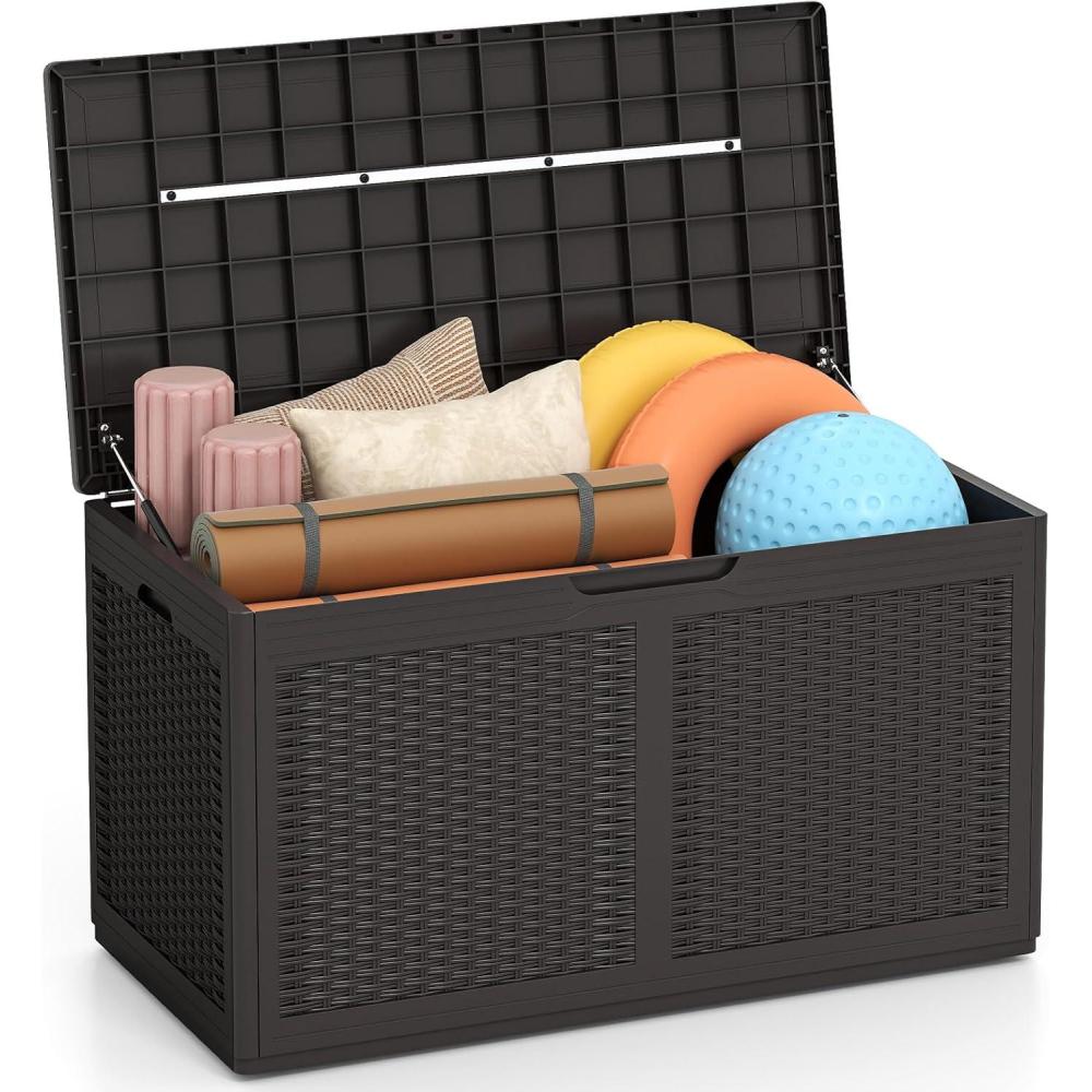 image:imageGiantex 100 Gallon Resin Outdoor Storage Box Waterproof Deck Box wLockable Lid amp Wheels Rattan Storage Container Bench for Patio Cushions Pool Accessories Gardening Tools 440 lbs GreyBrown