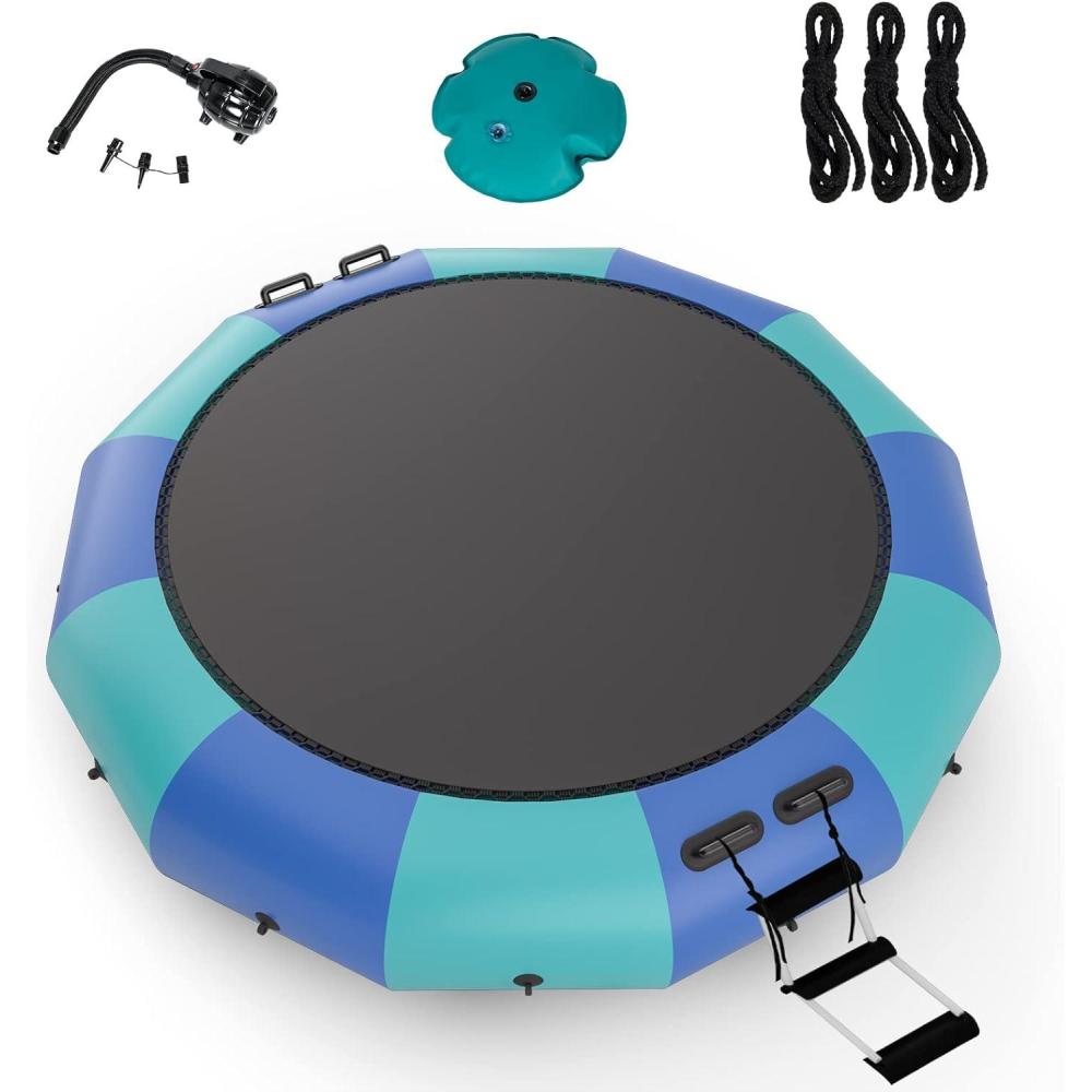 image:imageGiantex 10Ft 12Ft 15Ft Inflatable Water Trampoline Floating Rebounder Trampoline with 500W Blower and 3Step Rope Ladder Kids Adults Recreational Water Trampoline for Pool LakeBlue Green