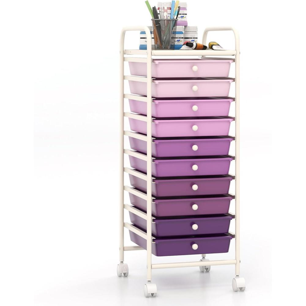image:imageGiantex 12 Drawer Rolling Cart with Drawers Storage Organizer Cart for Classroom Office School Teacher Mobile Drawer Cart for Tools Crafts Small Printer Macaron MulticolorPurple Gradient