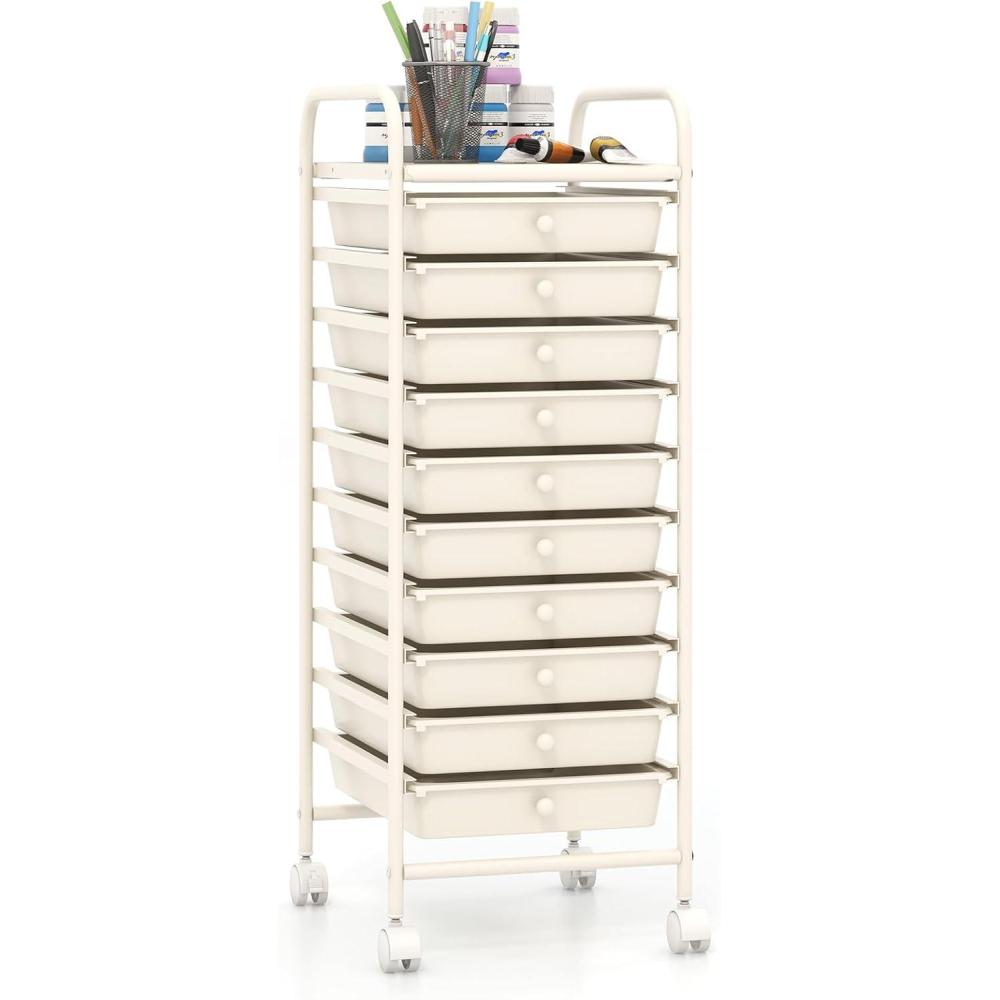 image:imageGiantex 12 Drawer Rolling Cart with Drawers Storage Organizer Cart for Classroom Office School Teacher Mobile Drawer Cart for Tools Crafts Small Printer Macaron MulticolorIvory