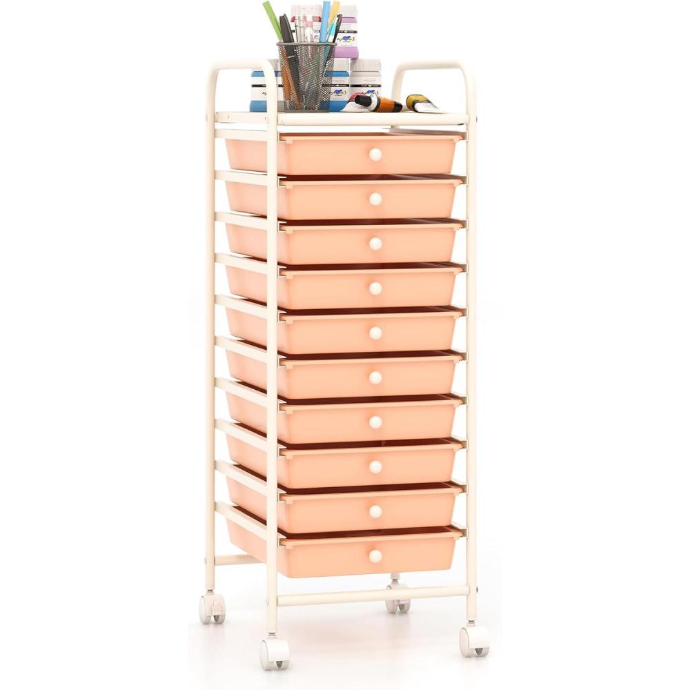 image:imageGiantex 12 Drawer Rolling Cart with Drawers Storage Organizer Cart for Classroom Office School Teacher Mobile Drawer Cart for Tools Crafts Small Printer Macaron MulticolorPeach Fuzz