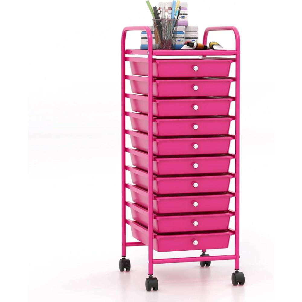 image:imageGiantex 12 Drawer Rolling Cart with Drawers Storage Organizer Cart for Classroom Office School Teacher Mobile Drawer Cart for Tools Crafts Small Printer Macaron MulticolorHot Pink