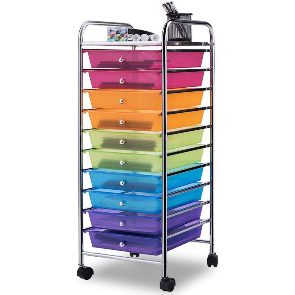 image:imageGiantex 12 Drawer Rolling Cart with Drawers Storage Organizer Cart for Classroom Office School Teacher Mobile Drawer Cart for Tools Crafts Small Printer Macaron MulticolorMulticolor