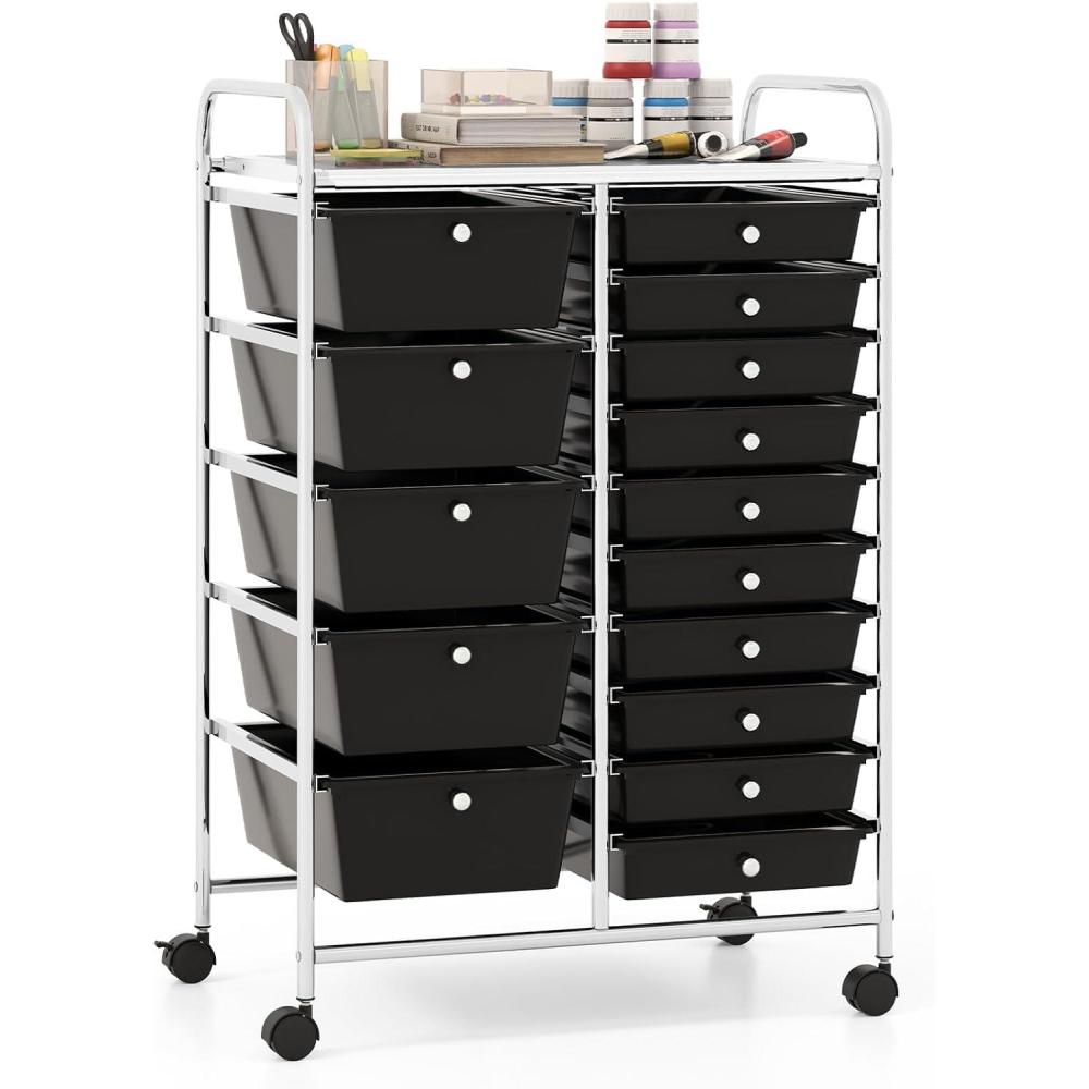 image:imageGiantex 15 Drawer Rolling Storage Cart Tools Scrapbook Paper Office School Organizer ClearBlack