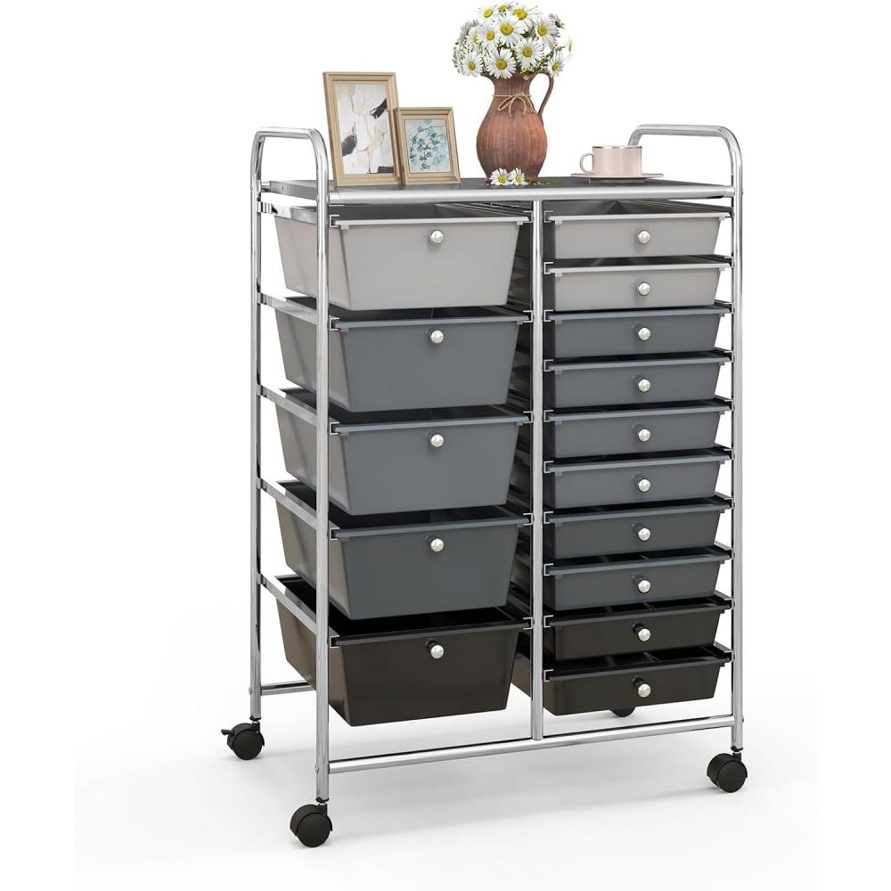 image:imageGiantex 15 Drawer Rolling Storage Cart Tools Scrapbook Paper Office School Organizer ClearGray  Black