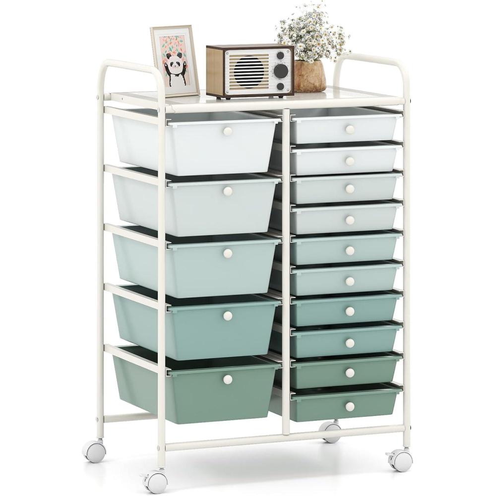 image:imageGiantex 15 Drawer Rolling Storage Cart Tools Scrapbook Paper Office School Organizer ClearGreen Gradient