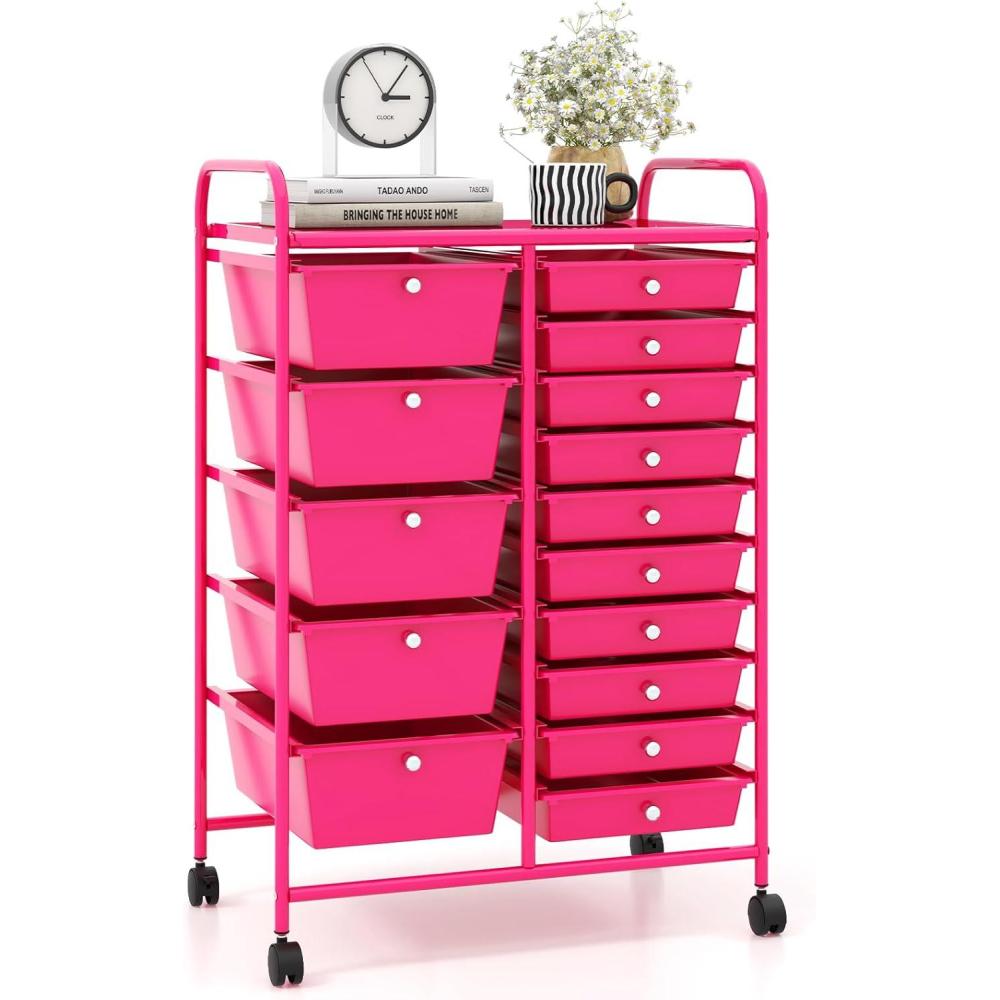 image:imageGiantex 15 Drawer Rolling Storage Cart Tools Scrapbook Paper Office School Organizer ClearHot Pink