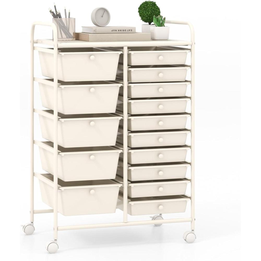 image:imageGiantex 15 Drawer Rolling Storage Cart Tools Scrapbook Paper Office School Organizer ClearIvory