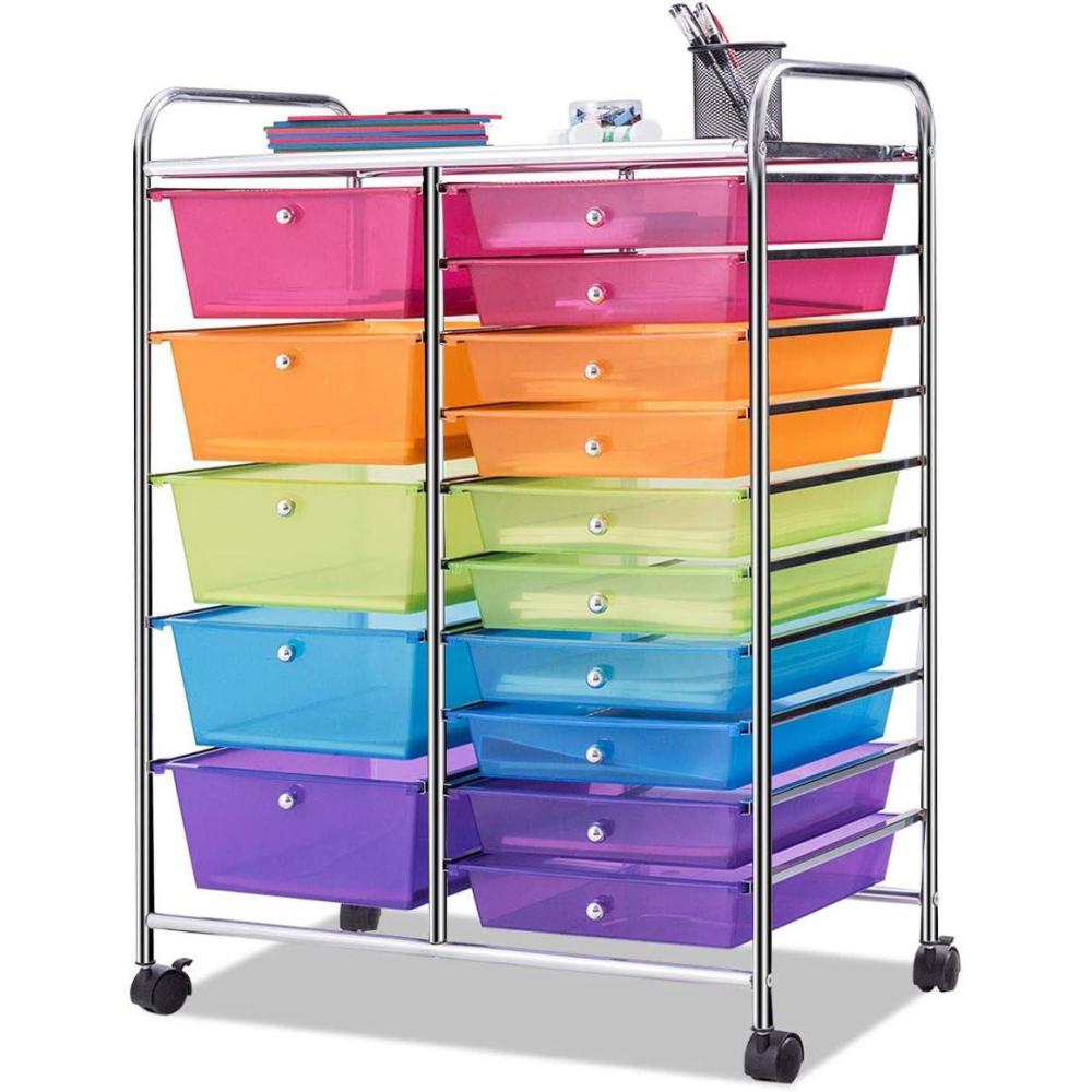 image:imageGiantex 15 Drawer Rolling Storage Cart Tools Scrapbook Paper Office School Organizer ClearMulticolor