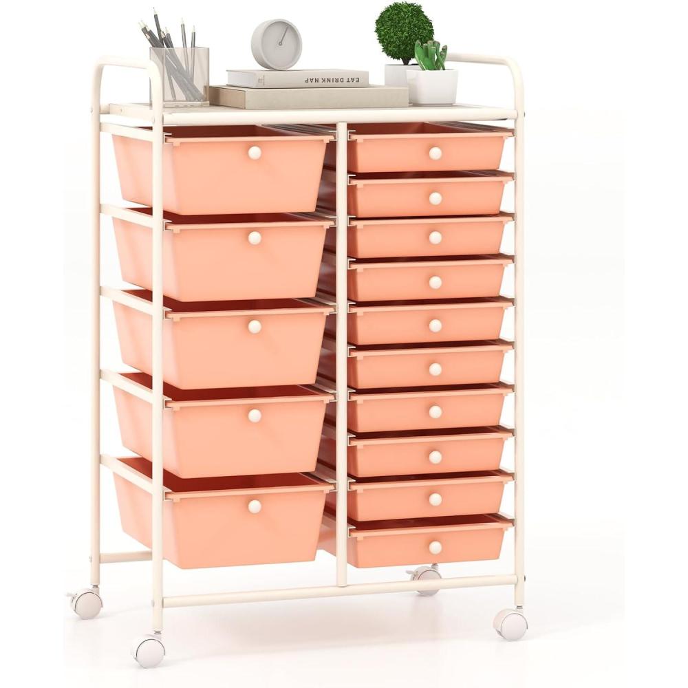 image:imageGiantex 15 Drawer Rolling Storage Cart Tools Scrapbook Paper Office School Organizer ClearPeach Fuzz