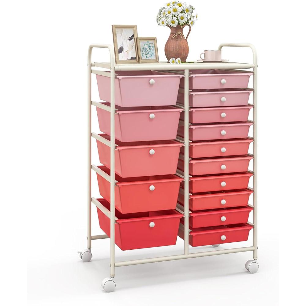 image:imageGiantex 15 Drawer Rolling Storage Cart Tools Scrapbook Paper Office School Organizer ClearPink Red