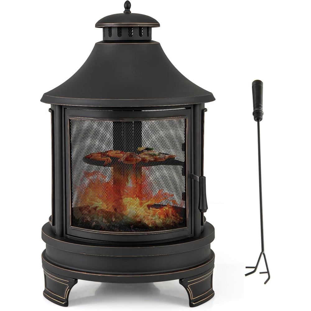 image:imageGiantex 2 in 1 Outdoor Fire Pit with Grill 30 Inch Metal Chiminea Wood Burning Fireplace with Chimney Spark Screen Door amp Fire Poker Patio Firepit for Garden Backyard BBQ