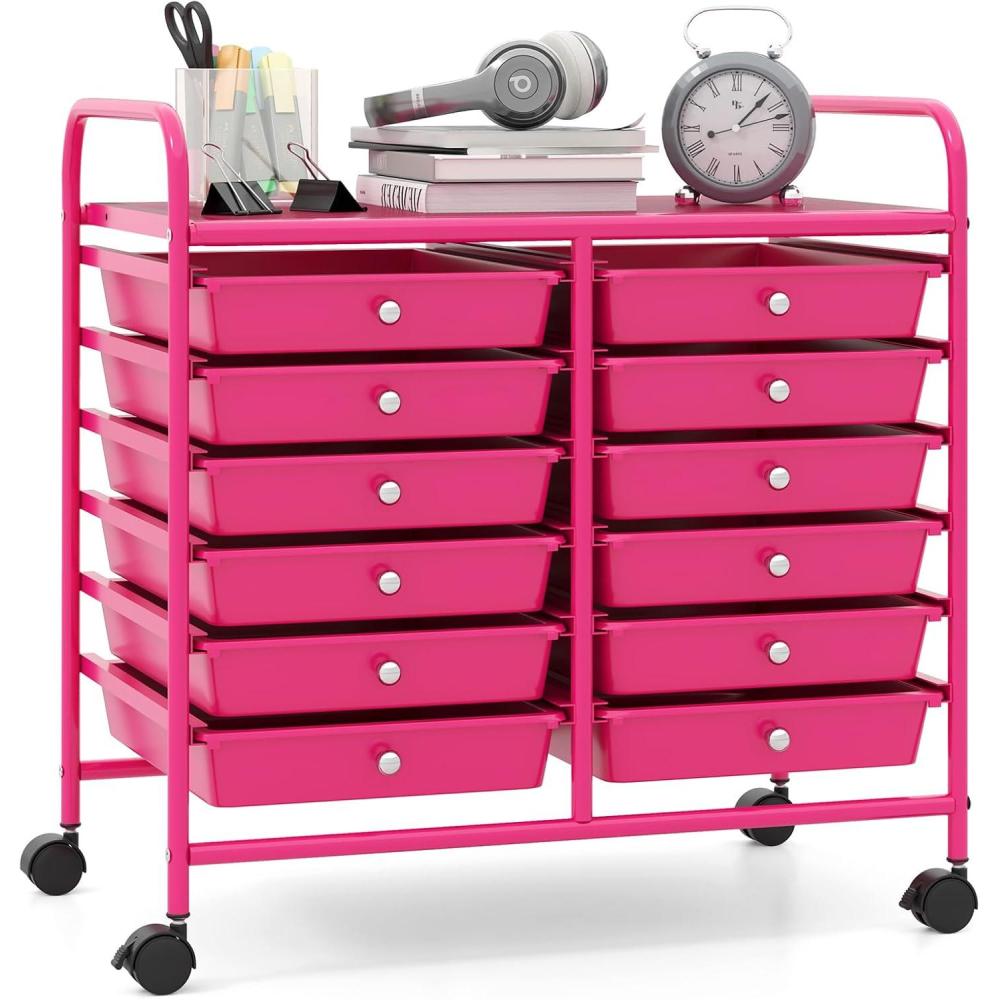image:imageGiantex 20Drawer Storage Drawer Cart Rolling Organizer Cart for Office School Tools Scrapbook Paper Utility Rack on Wheels MulticolorHot Pink