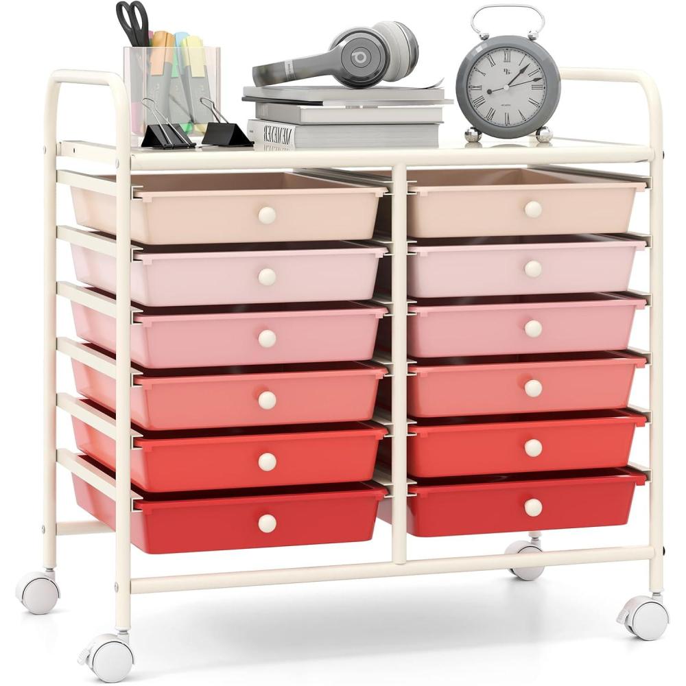 image:imageGiantex 20Drawer Storage Drawer Cart Rolling Organizer Cart for Office School Tools Scrapbook Paper Utility Rack on Wheels MulticolorPink Gradient