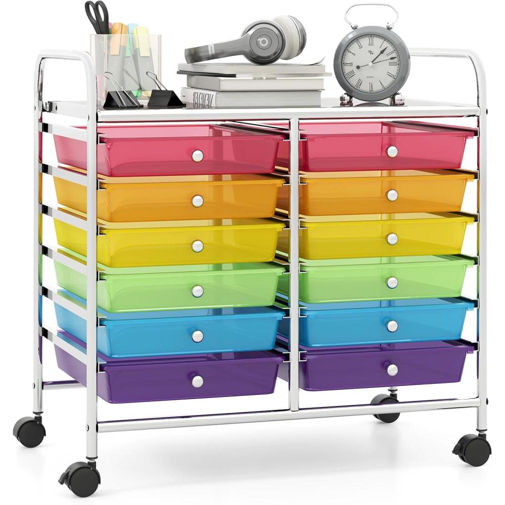 image:imageGiantex 20Drawer Storage Drawer Cart Rolling Organizer Cart for Office School Tools Scrapbook Paper Utility Rack on Wheels MulticolorRainbow
