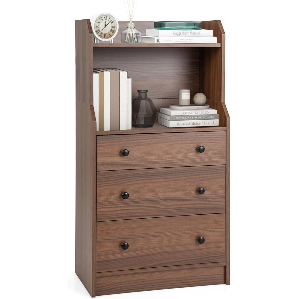image:imageGiantex 3 Drawers Dresser for Bedroom Modern Storage Dresser Chest of Drawers with 2 Shelves 3 PullOut Drawers Tall Nightstand with Antitoppling Device for Bedroom Living Room Entryway WalnutWalnut