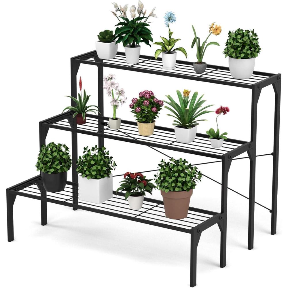 image:imageGiantex 3 Tiers Metal Plant Stand Ladder Flower Pots Holders 3 Tiers Step Plant Display Rack Heavy Duty Utility Storage Organizer Rack for Home Garden Patio Balcony Stair Style Plant Stand