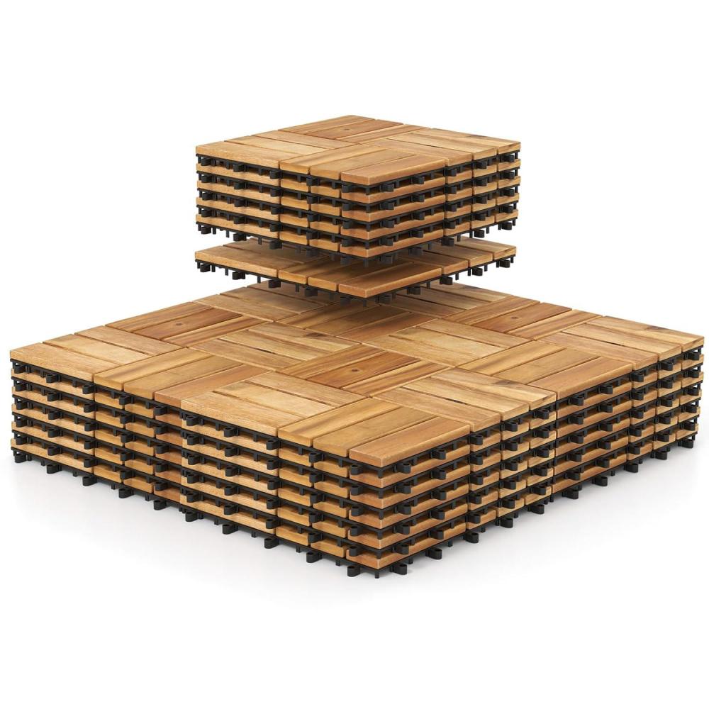 image:imageGiantex 30 PCS Acacia Wood Interlocking Patio Deck Tiles 12 x 12 Indoor Outdoor Flooring Tiles for Balcony Garden Poolside 30 Sqft Coverage No Tools Required Natural Wood Checker Pattern
