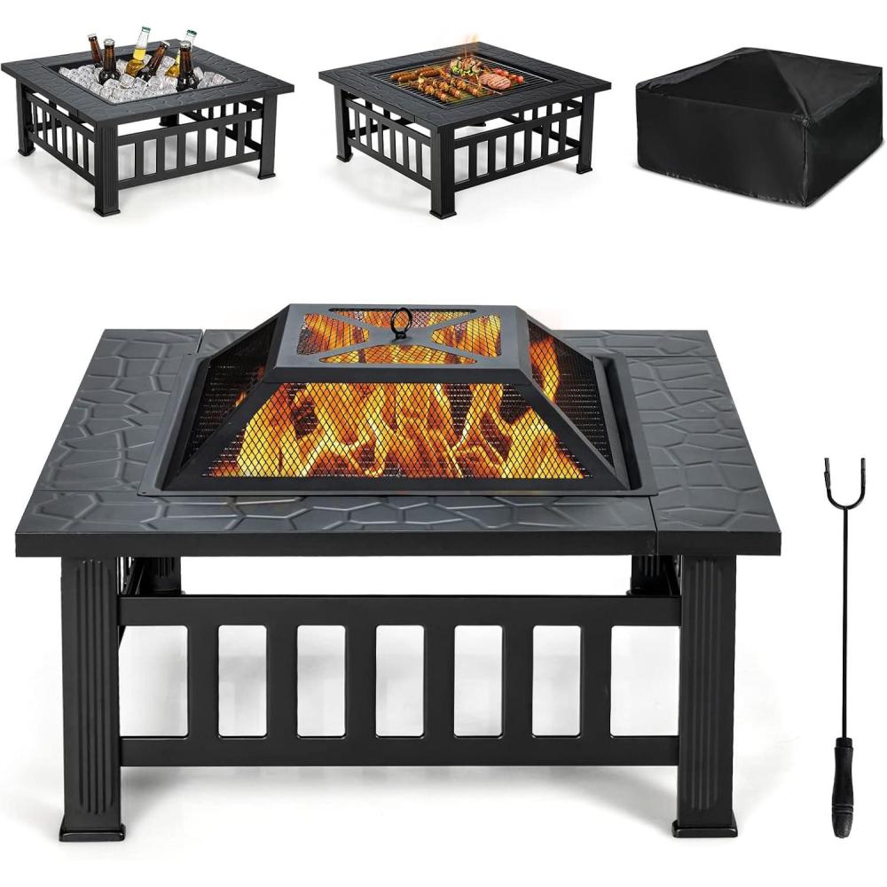 image:imageGiantex 32 Outdoor Fire Pit 3 in 1 Square Wood Burning Fire Table Multifunctional Firepit for Outside Patio Backyard Porch Garden Bonfire Stove Fireplace with Rain Cover for Picnic Camping