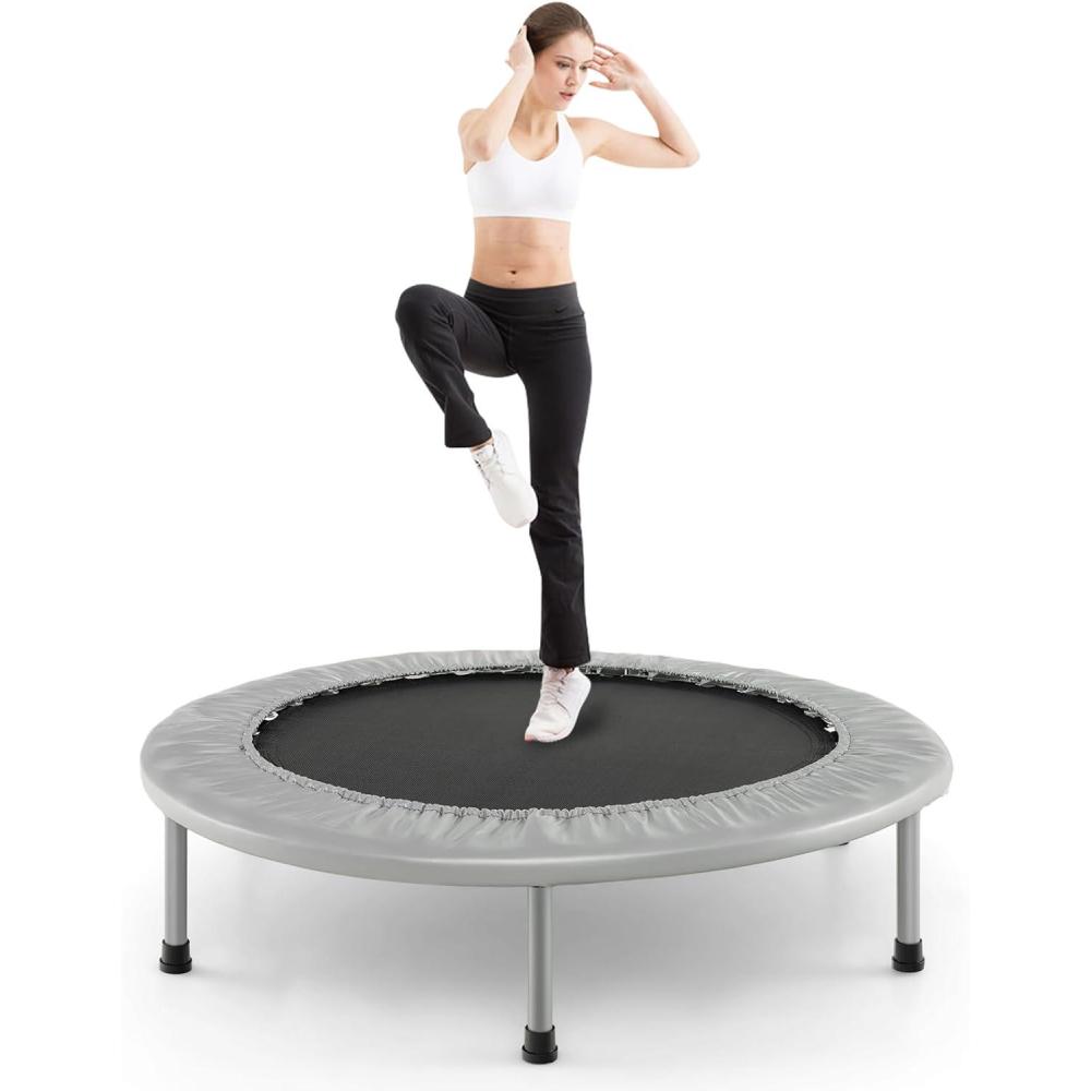 image:imageGiantex 36 38 Foldable Rebounder Trampoline for Adults Stable amp Quiet Small Exercise Trampoline with Safety Pad Indoor Outdoor Mini Fitness Trampoline for Adults Kids Workout Max Load 330lbsGrey