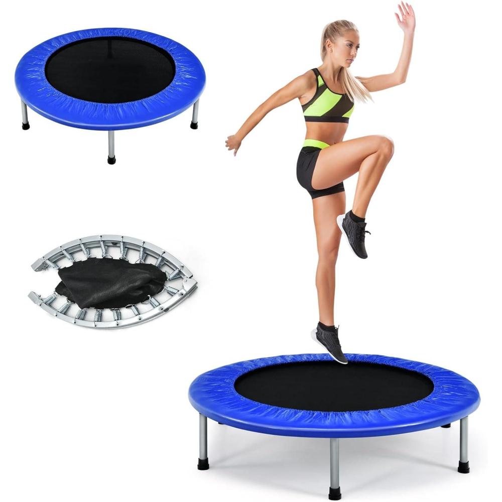 image:imageGiantex 36 38 Folding Mini Trampoline Portable Recreational Fitness Trampoline for Adults Kids Max Load 330lbs Foldable Indoor Exercise Rebounder TrampolineBlue