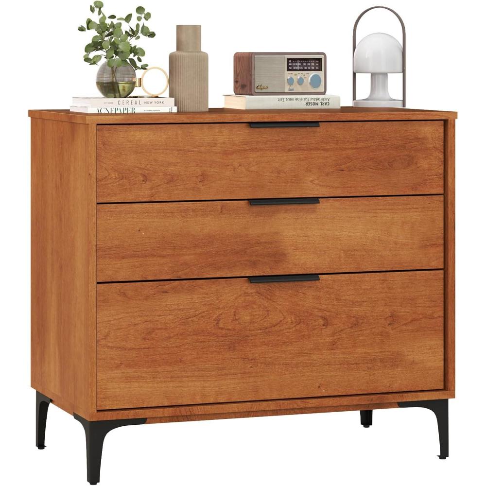 image:imageGiantex 3Drawer Dresser for Bedroom Multipurpose Chest of Drawers MidCentury Modern Storage Cabinet with AntiTip Kit Clothes Organizer 30W Nightstand for Closet Living Room Entryway Cherry1