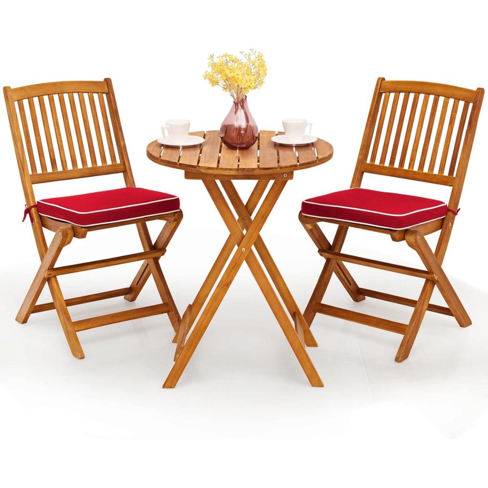 image:imageGiantex 3Pcs Patio Bistro Set Wood Folding Table Set 2 Cushioned Chairs for Garden Yard Outdoor Furniture Round Table Natural amp BeigeNatural  Red