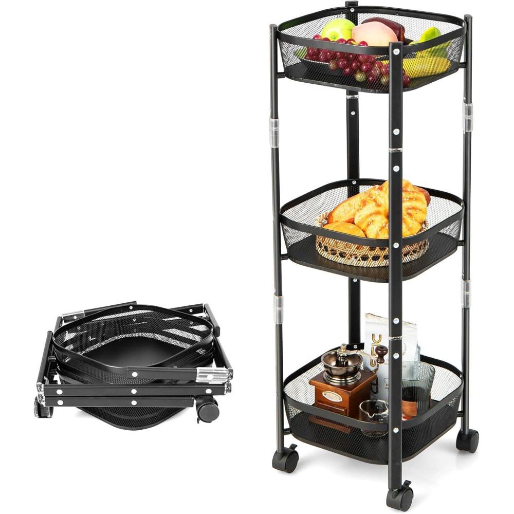 image:imageGiantex 3Tier Fruit Vegetable Basket with Rollers 35 Tall No Assembly Required Metal Wire Storage Organizer Trolley Cart ToolFree Assembly OneSecond Folding Utility Cart with WheelsBlacksquare