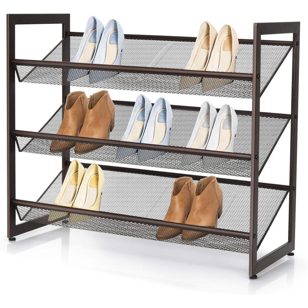 image:imageGiantex 3Tier Metal Shoe Rack Shoe Storage Organizer with Adjustable Angled or Flat Mesh Shelf for 9 to 12 Pairs of Shoes Freestanding Shoe Shelf for Bedroom Entryway Closet Hallway3Tier