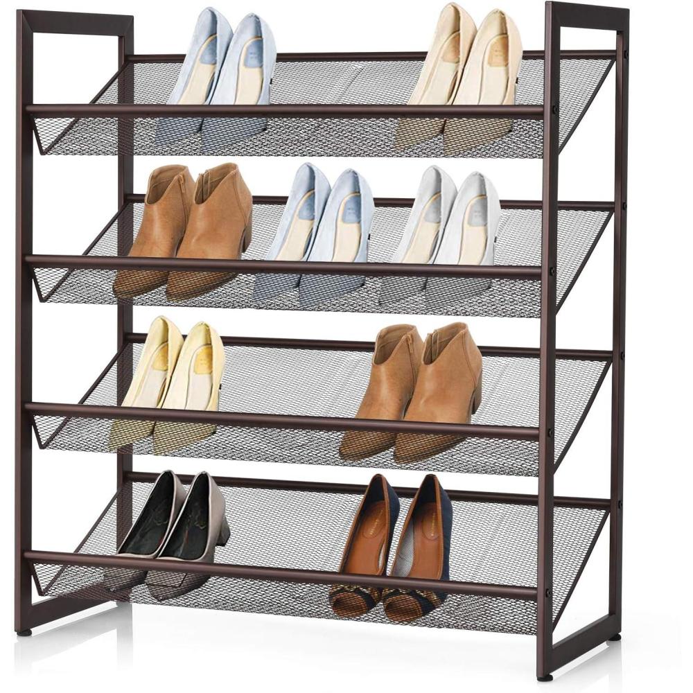 image:imageGiantex 3Tier Metal Shoe Rack Shoe Storage Organizer with Adjustable Angled or Flat Mesh Shelf for 9 to 12 Pairs of Shoes Freestanding Shoe Shelf for Bedroom Entryway Closet Hallway4Tier