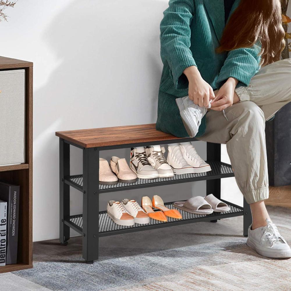 image:imageGiantex 3Tier Shoe Rack Bench Industrial Shoe Bench with 2 Mesh Storage Shelves amp Seat for Entryway Front Door Garage Shoe Storage Rustic BrownRustic Brown