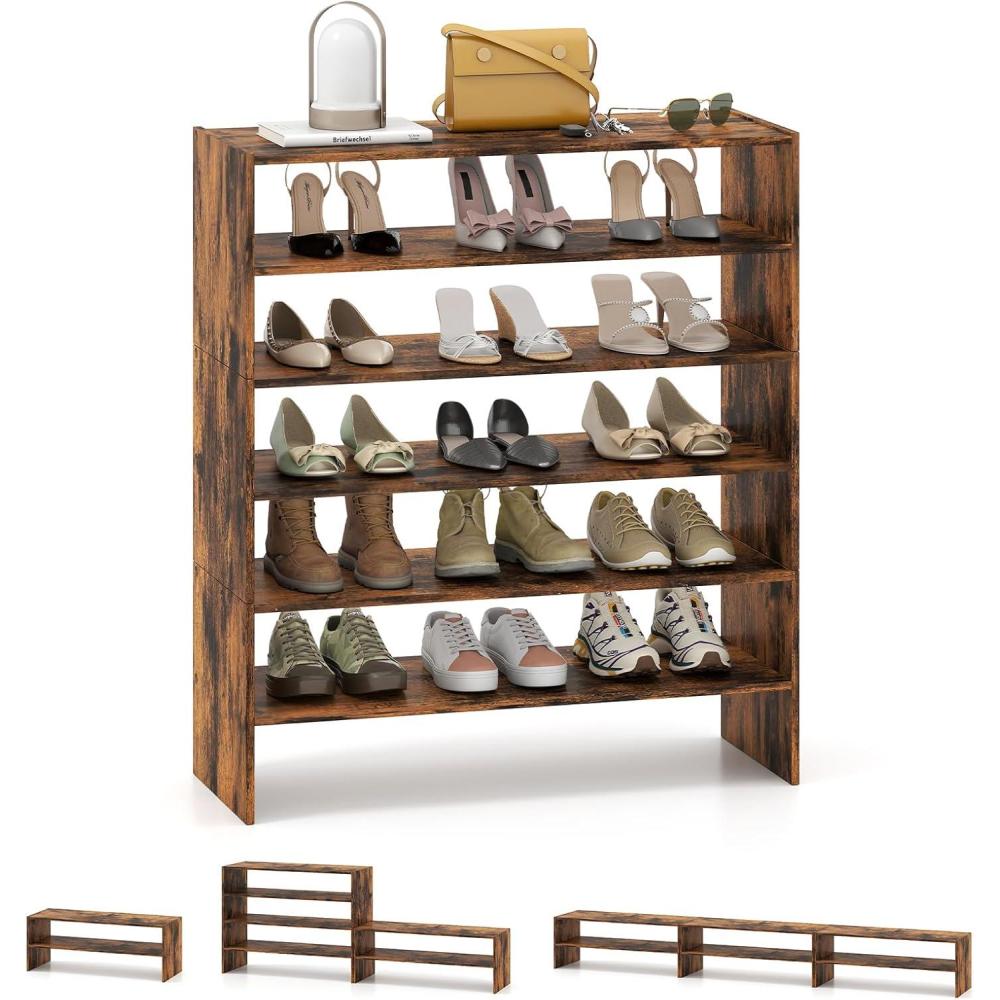 image:imageGiantex 3in1 Vertical Shoe Rack 6Tier Free Standing Shoe Storage Organizer wStackable Design for 18 Pairs 31 Inch Wide Wood Shoe Shelf for Closet Entryway Living Room Office WhiteBrown