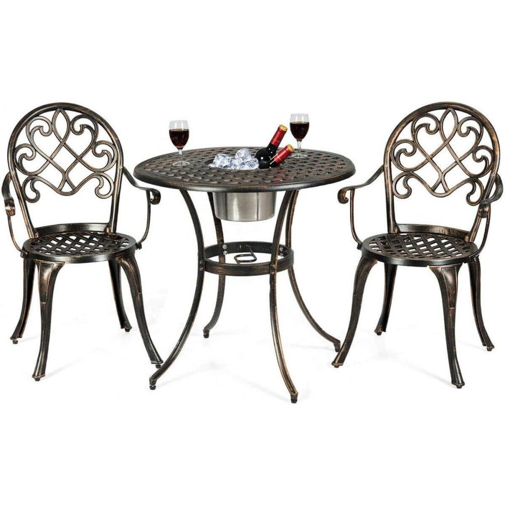 image:imageGiantex 3pcs Bistro Table Set Cast Aluminum Outdoor Patio Furniture Set Round Table WRemovable Ice Bucket 2 Chairs Antique Garden Furniture Weather Resistant Antique BronzeBronze