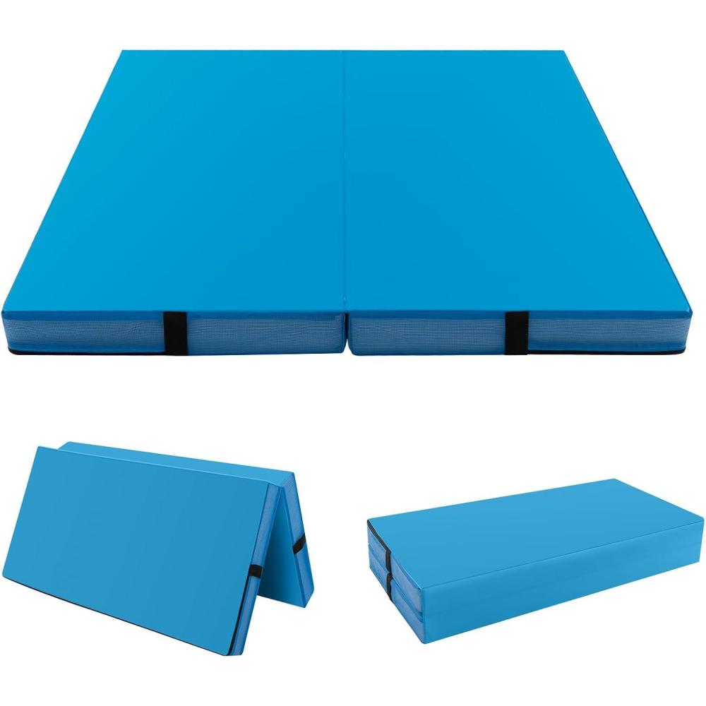 image:imageGiantex 4 x 4 Folding Gymnastics Mat with Carry Handles BioFolding Tumbling Mat for Kids amp CheerleadingBlue