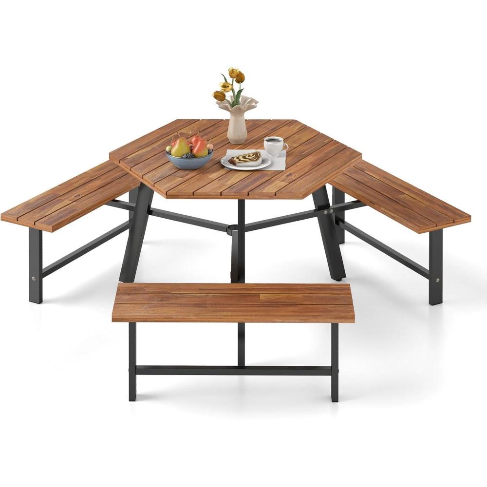image:imageGiantex 45FT Picnic Table Bench Set for 4 Acacia Wood Outdoor Dining Table Set 2 Umbrella Hole Heavy Duty Metal Frame Footrest Bar Large Rectangular Tabletop for Porch Patio Lawn GardenHexagonal