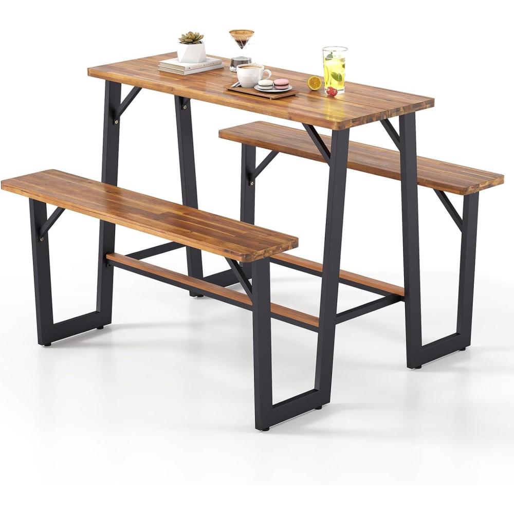 image:imageGiantex 45FT Picnic Table Bench Set for 4 Acacia Wood Outdoor Dining Table Set 2 Umbrella Hole Heavy Duty Metal Frame Footrest Bar Large Rectangular Tabletop for Porch Patio Lawn GardenRectangular