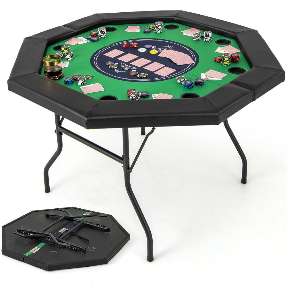 image:imageGiantex 48 Poker Table Foldable  8 Player Octagon Texas Holdem Poker Tables w 8 Cup Holders CasinoGrade Felt Surface Padded Rails Portable Folding Card Game Table for Blackjack GreenBlackGreenblack
