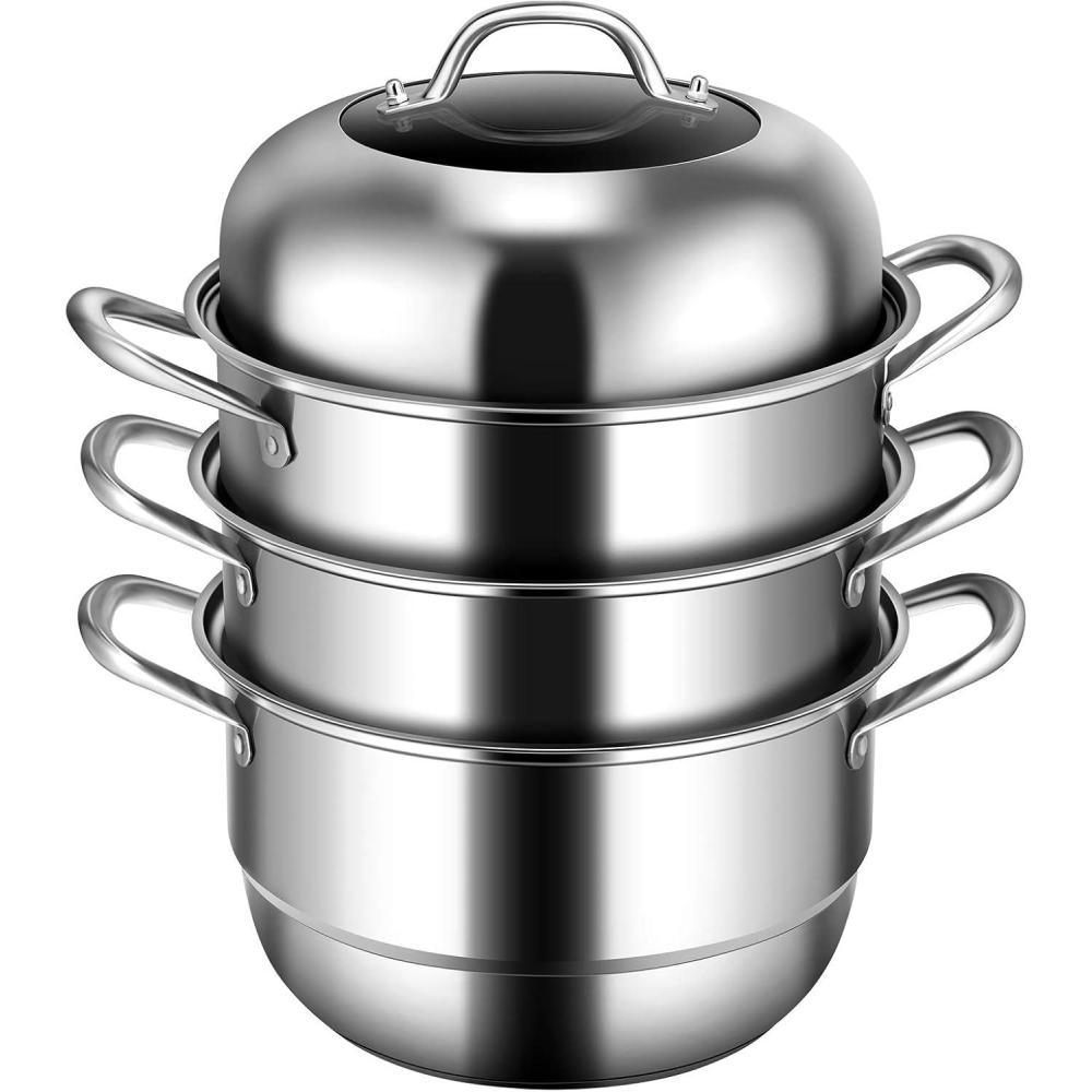 image:imageGiantex 4Layer Stainless Steel Steamer Pot for Cooking Soup and Steaming Food Steam Pot with with Tempered Glass Lid 2 Steaming Septa on Gas Electric Grill Stove Silver