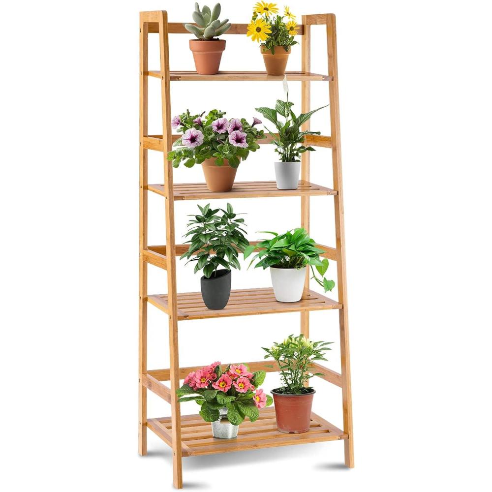 image:imageGiantex 4Tier Bamboo Plant Stand Flower Pots Holder Display Shelf 475inch Ladder Shelf Plants Organizer Rack for Patio Balcony Garden Home Bookcase Planter Storage Shelving Unit Indoor Outdoor