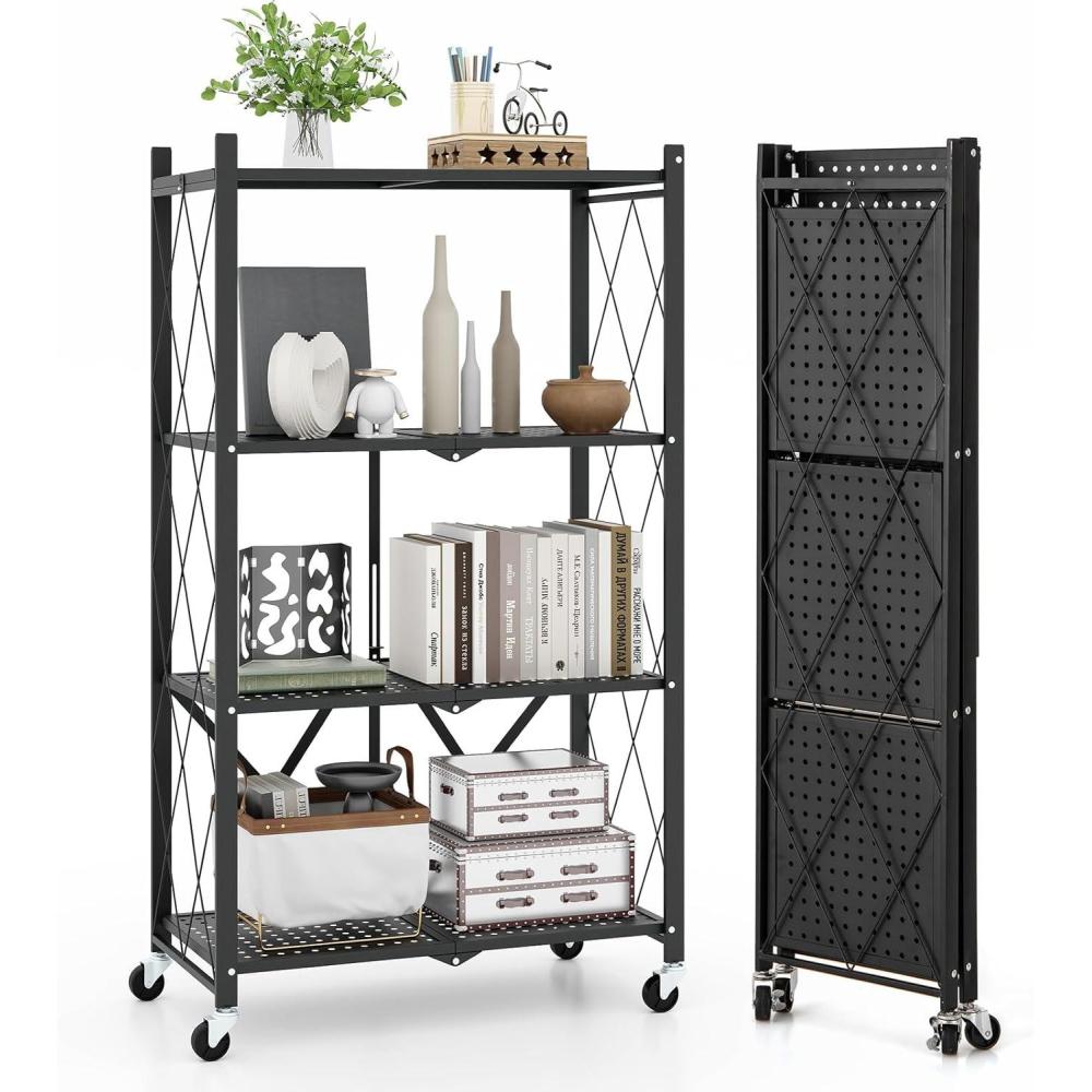 image:imageGiantex 4Tier Foldable Storage Shelf Collapsible Shelving Unit Display with Lockable Wheels HeavyDuty Metal Storage Organizer Folding Storage Rack for Tool Room Garage Kitchen Living Room 11