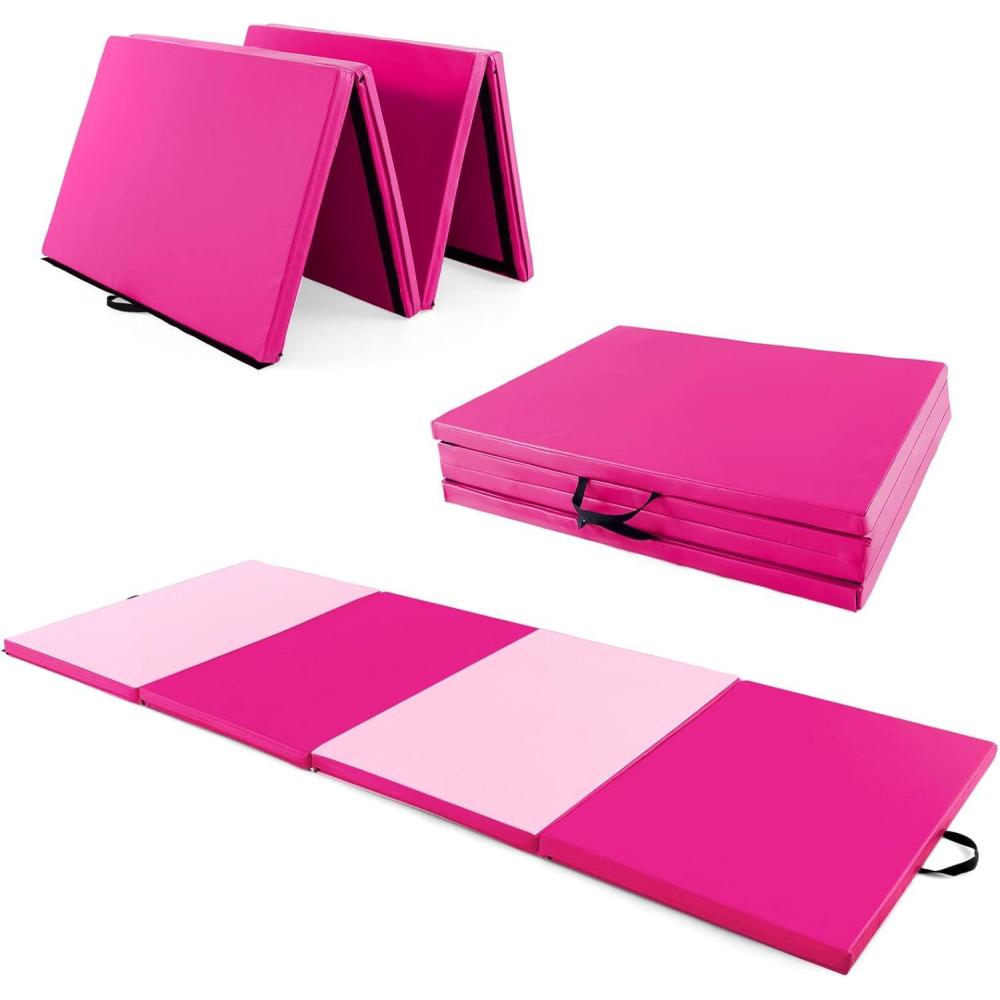 image:imageGiantex 4x10x 2 Gymnastics Mat 4Panel Folding Aerobics Exercise Mat wHook amp Loop Fastener Carrying Handle Portable Tumbling Mat for Stretching Yoga Cheerleading Martial ArtsLight PinkPink