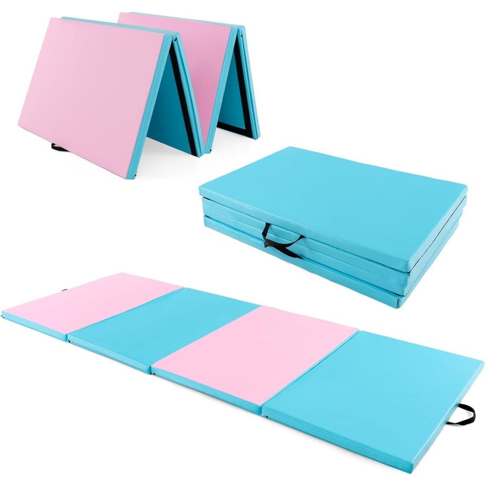 image:imageGiantex 4x10x 2 Gymnastics Mat 4Panel Folding Aerobics Exercise Mat wHook amp Loop Fastener Carrying Handle Portable Tumbling Mat for Stretching Yoga Cheerleading Martial ArtsBluePink
